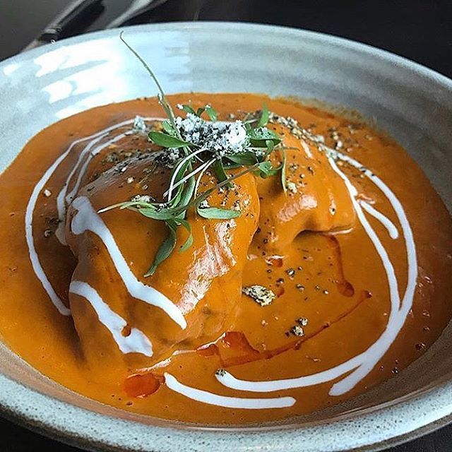 ROOH signature dishes Butter Chicken with Red Pepper MakhaniPotato Tikki with Kale TempuraLamb Keema